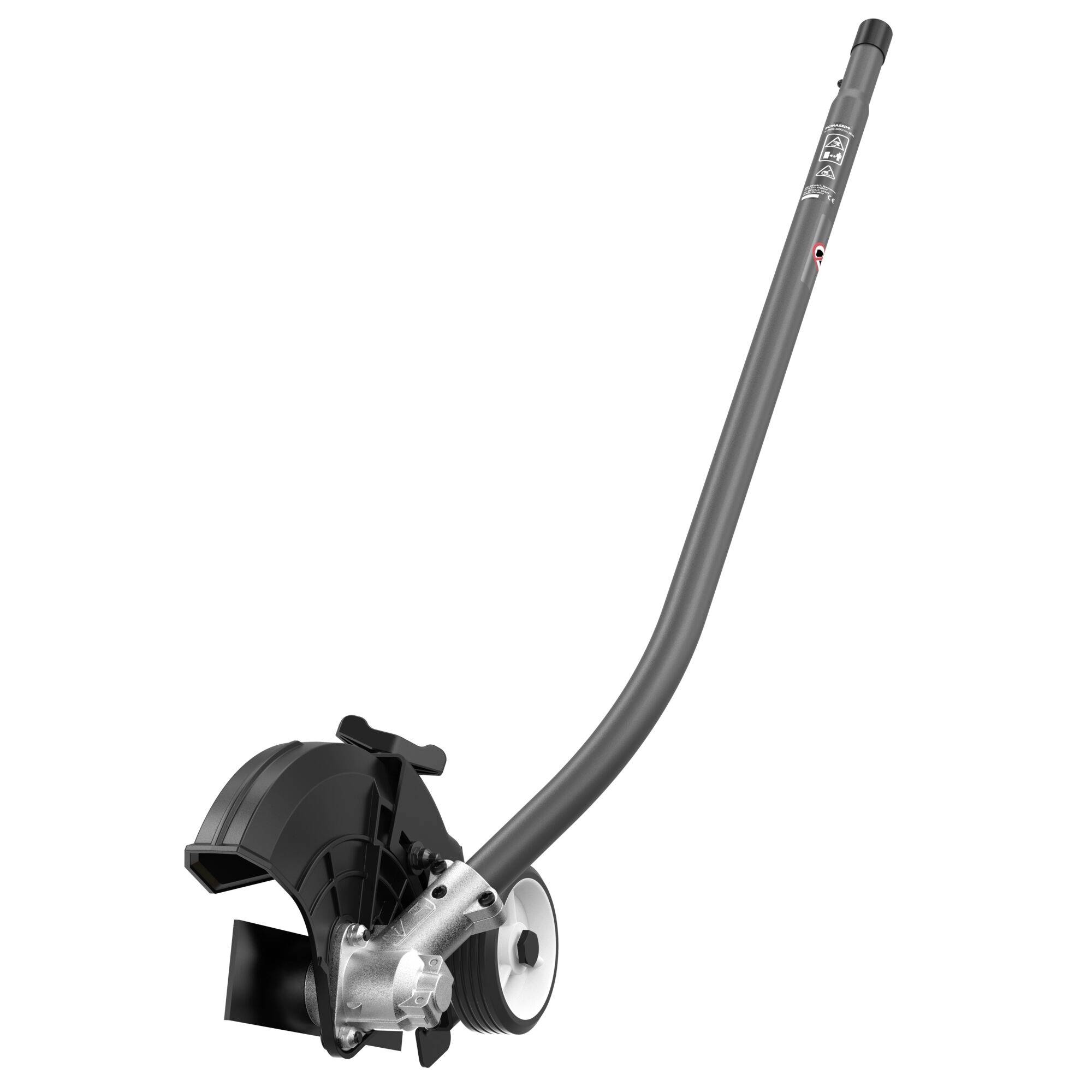 Eine gebogene Metallanbringung für ein Elektrowerkzeug mit einem Rad und einem Schutzschild, entwickelt zum Kantenschneiden von Rasenflächen und Gärten.