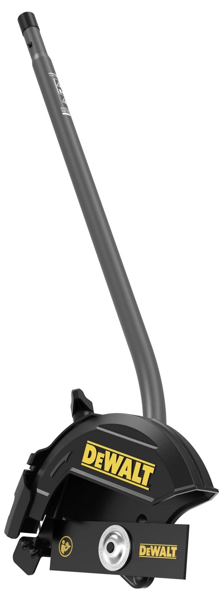 DeWalt Kantenschneider-Aufsatz mit gekrümmtem schwarzem Metallschaft und Schneidrad, konzipiert für Garten- und Rasenpflege.