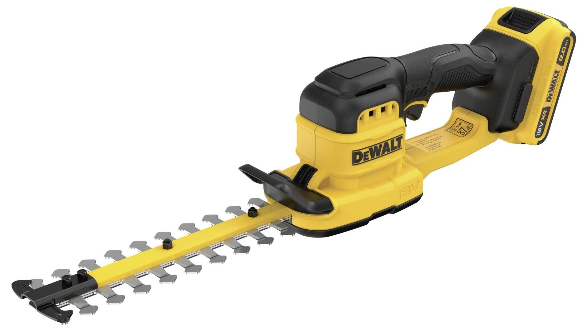 Ein gelb-schwarzer kabelloses Heckenschneider von DeWalt mit Doppelhub-Klingen, das für präzises Schneiden und einfache Bedienung konzipiert ist.