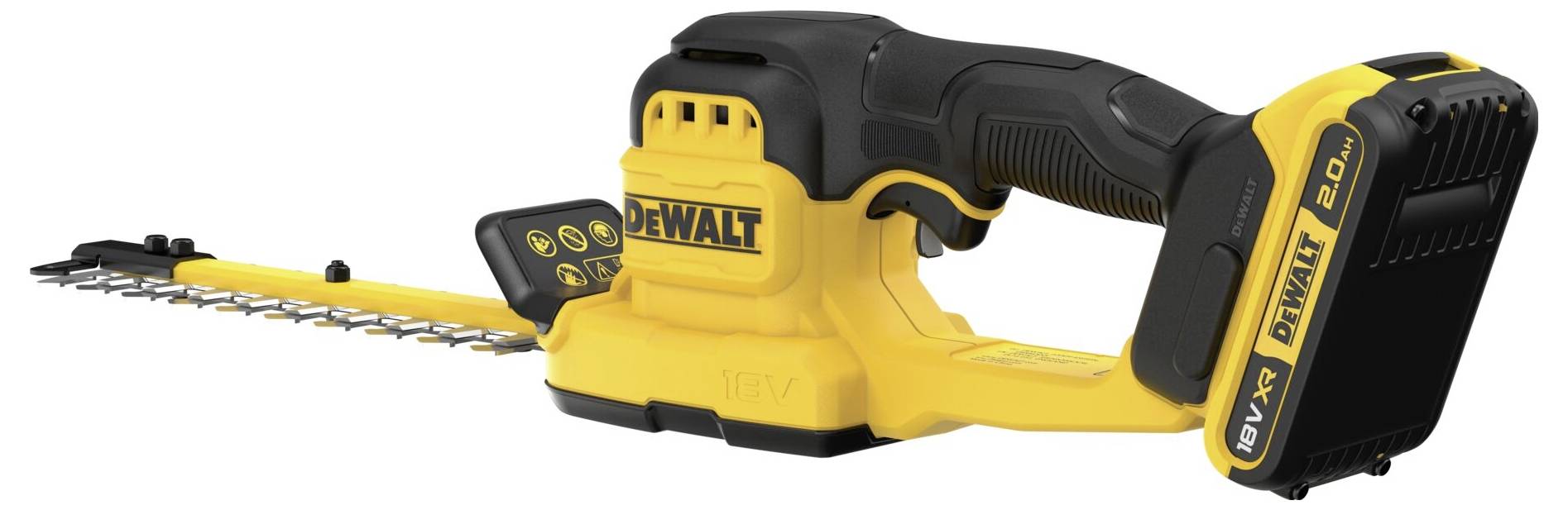 Ein gelber und schwarzer kabelloses Heckenschneidegerät mit angebrachtem Akkupack, Marke "DEWALT", konzipiert für Gartenarbeiten im Freien.