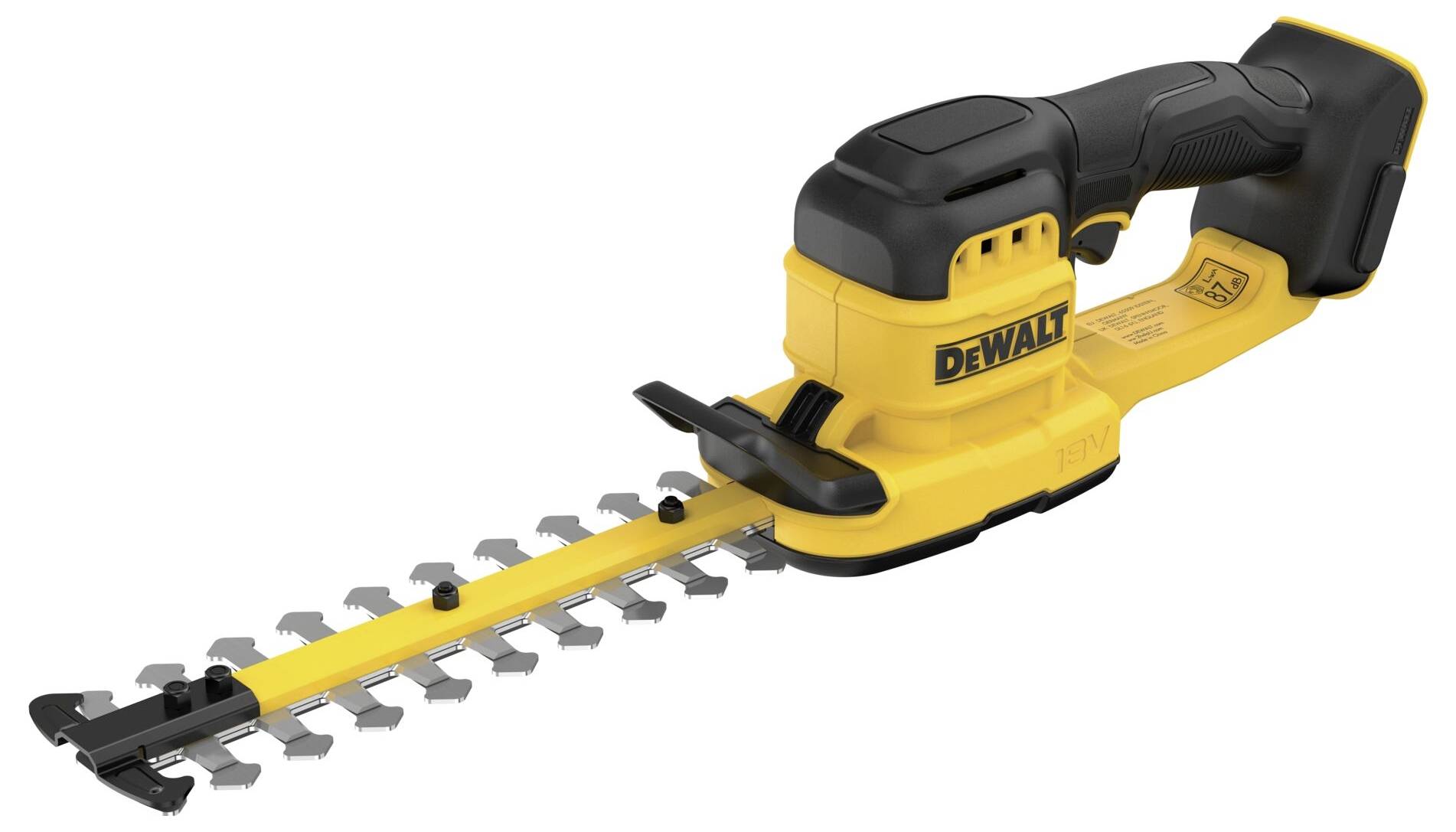 Ein gelber und schwarzer schnurloses Heckenschneidewerkzeug mit horizontaler Klinge und ergonomischem Griff, das für einfache Gartenpflege konzipiert ist.