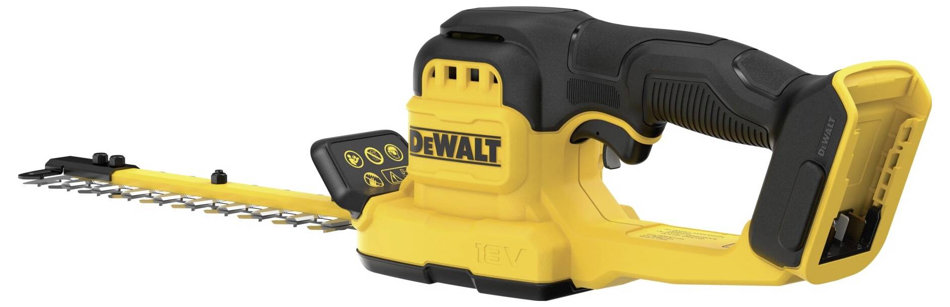 Eine gelb-schwarze elektrische Heckenschere mit einem Markenlogo auf der Seite, ausgestattet mit einem langen Blatt mit scharfen Zähnen zum Trimmen von Hecken.