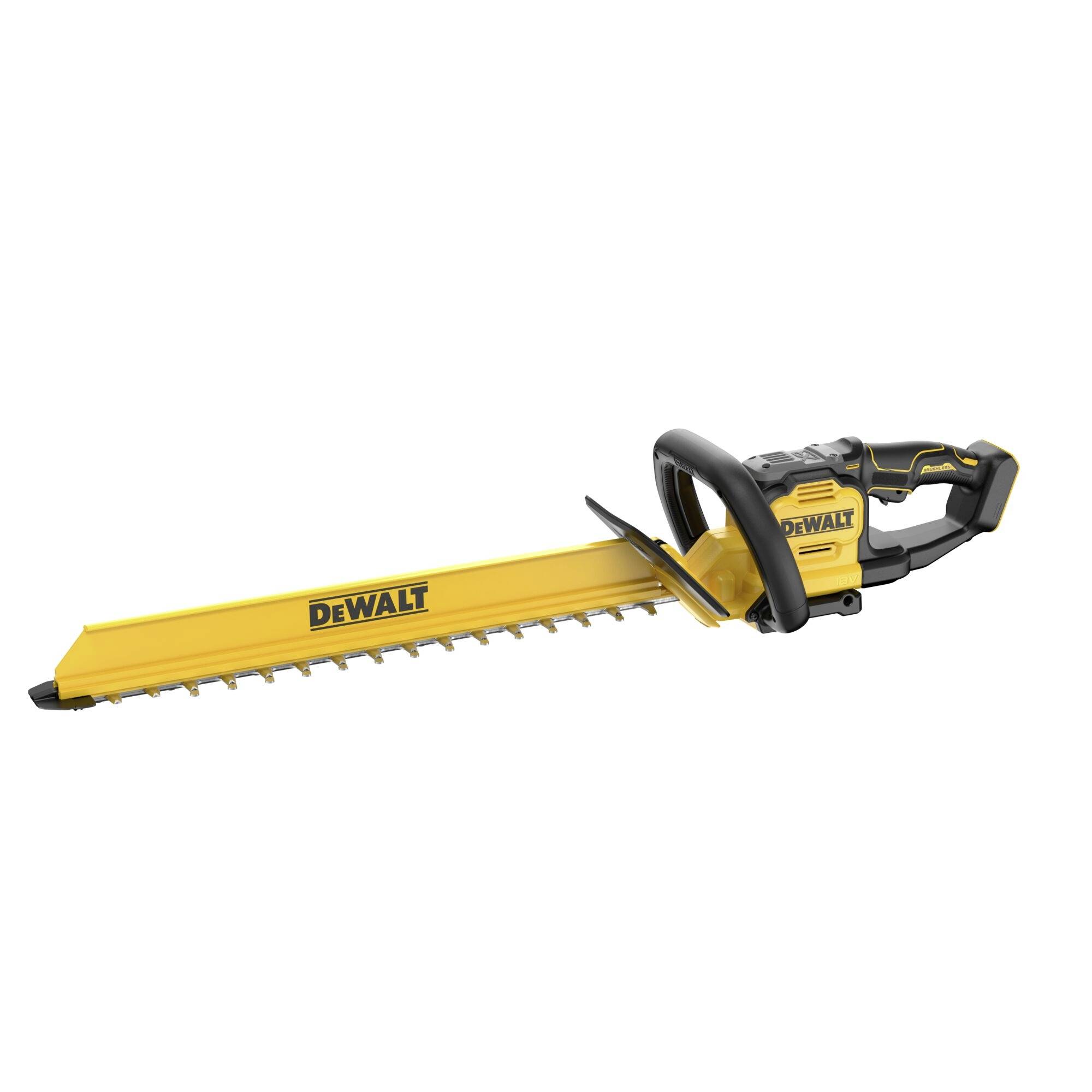 Gelber DeWALT-Heckenschneider mit schwarzem Griff, entworfen zum Schneiden von Hecken und Sträuchern, mit dem Markenlogo auf der Klingenabdeckung.