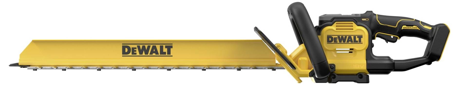 Ein gelb-schwarzer DeWalt-Heckenschneider mit einer langen Klinge zum Schneiden von Hecken. Das Design betont Haltbarkeit und Effizienz.