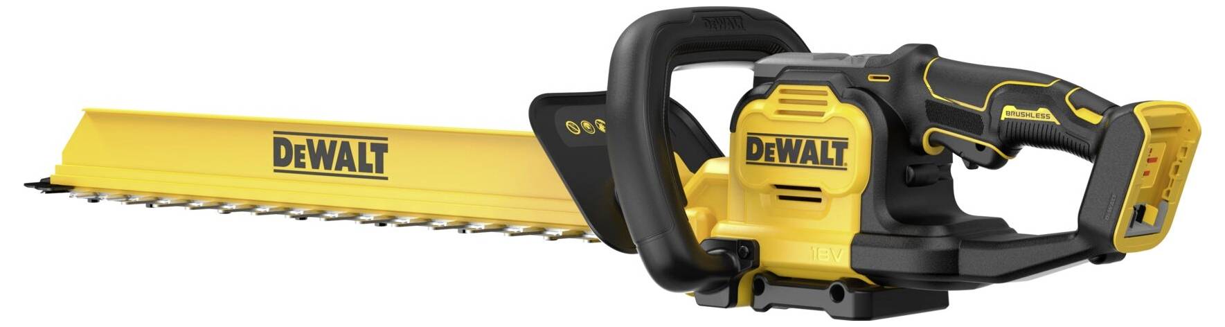 Ein gelber und schwarzer DeWalt-Heckenschneider mit einer langen Klinge und ergonomischem Griff, entwickelt zum Schneiden von Hecken und Sträuchern.