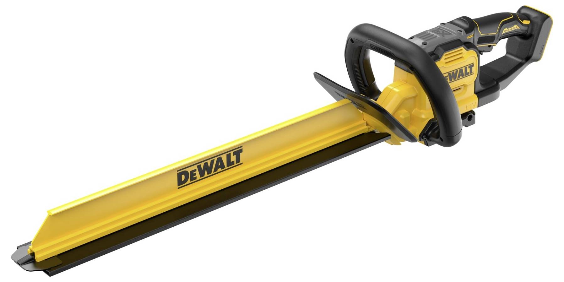 Ein gelber und schwarzer Elektro-Heckenschneider mit langer Klinge, der das "DEWALT"-Logo auf der Seite trägt. Er ist kabellos für den Außengebrauch konzipiert.