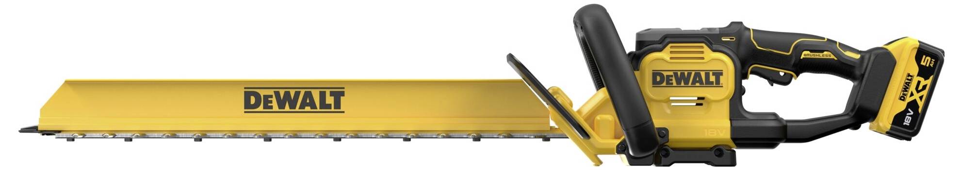 Gelber und schwarzer elektrischer Heckenschneider mit "DeWalt"-Branding auf der Schutzvorrichtung des Messers, mit ergonomischem Griff und Kontrollschalter.