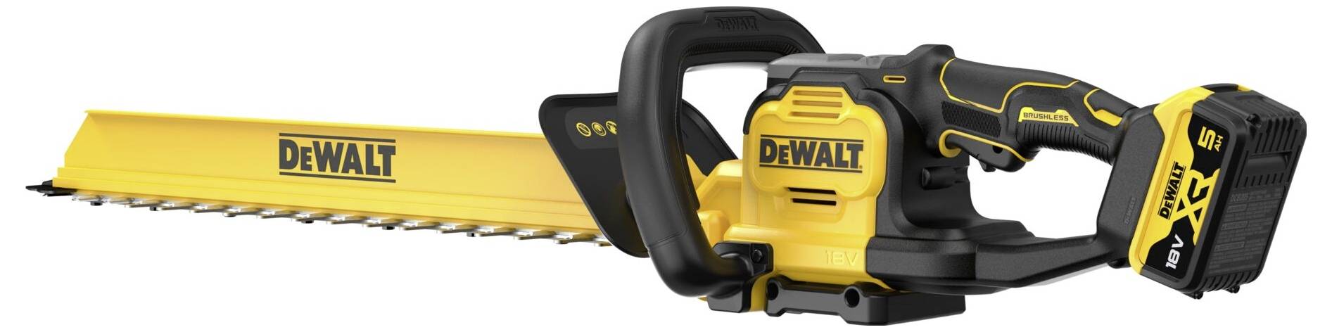 Ein DeWalt-Akku-Heckenschere mit gelbem Blatt und schwarzem Griff, ausgestattet mit einem Lithium-Akku für effiziente Gartenarbeiten.