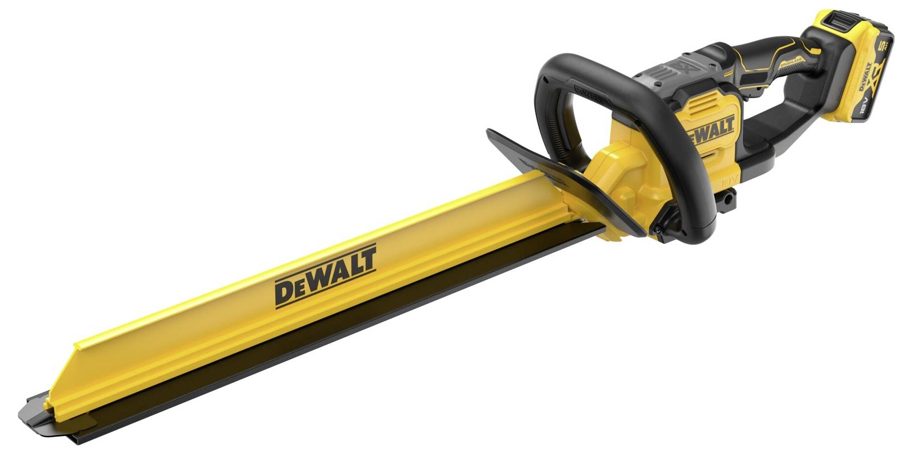 Ein gelbes und schwarzes kabelloses Heckenschneider von der Marke „DeWalt" auf der Schutzvorrichtung der Klinge, mit einer langen Schneideklinge und ergonomischem Griff.