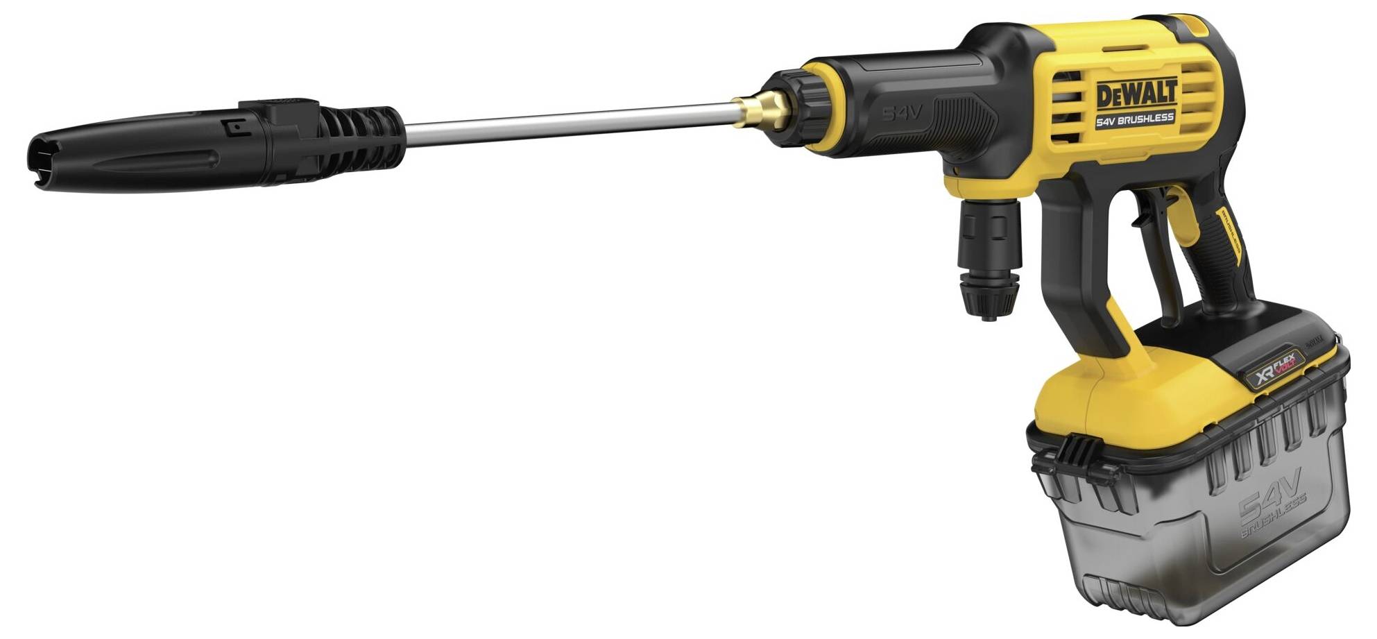 Ein kabelloses Hochdruckreinigungsgerät mit schwarzem und gelbem Design, mit einer ausgefahrenen Düse und abnehmbarem Wassertank darunter.