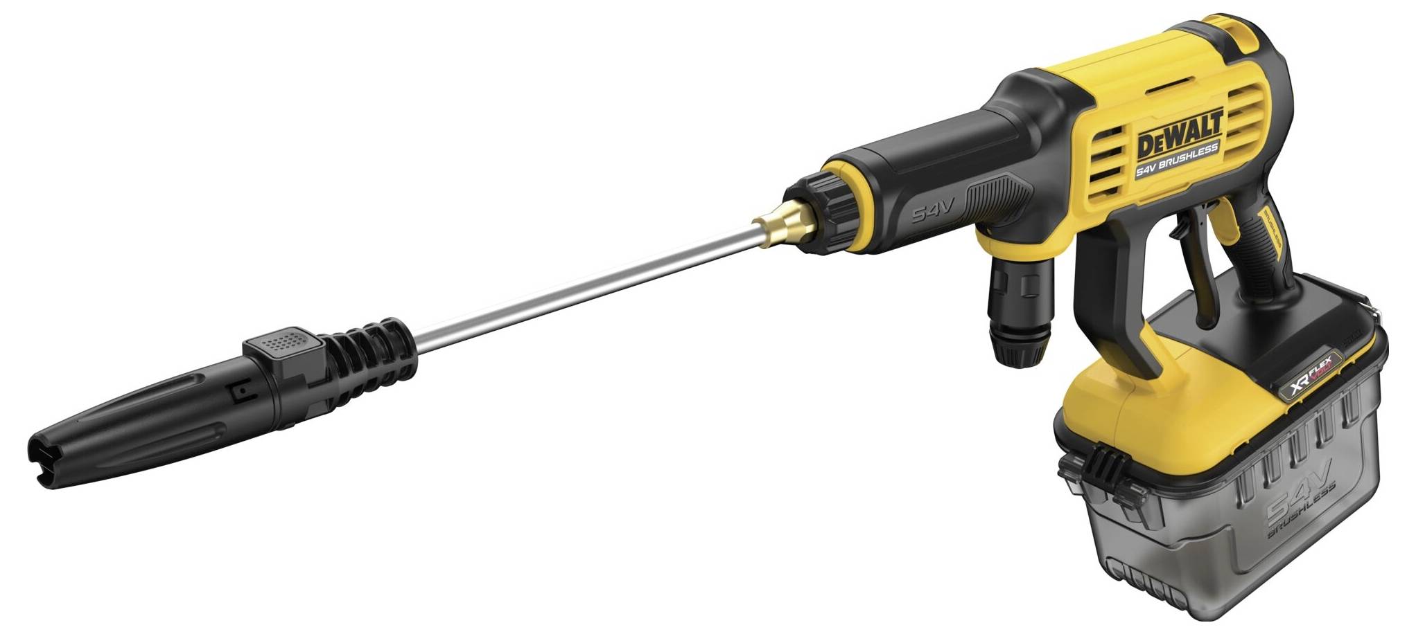 Ein gelber und schwarzer schnurloses Hochdruckreinigungsgerät mit angebrachter Düse und Wassertank.