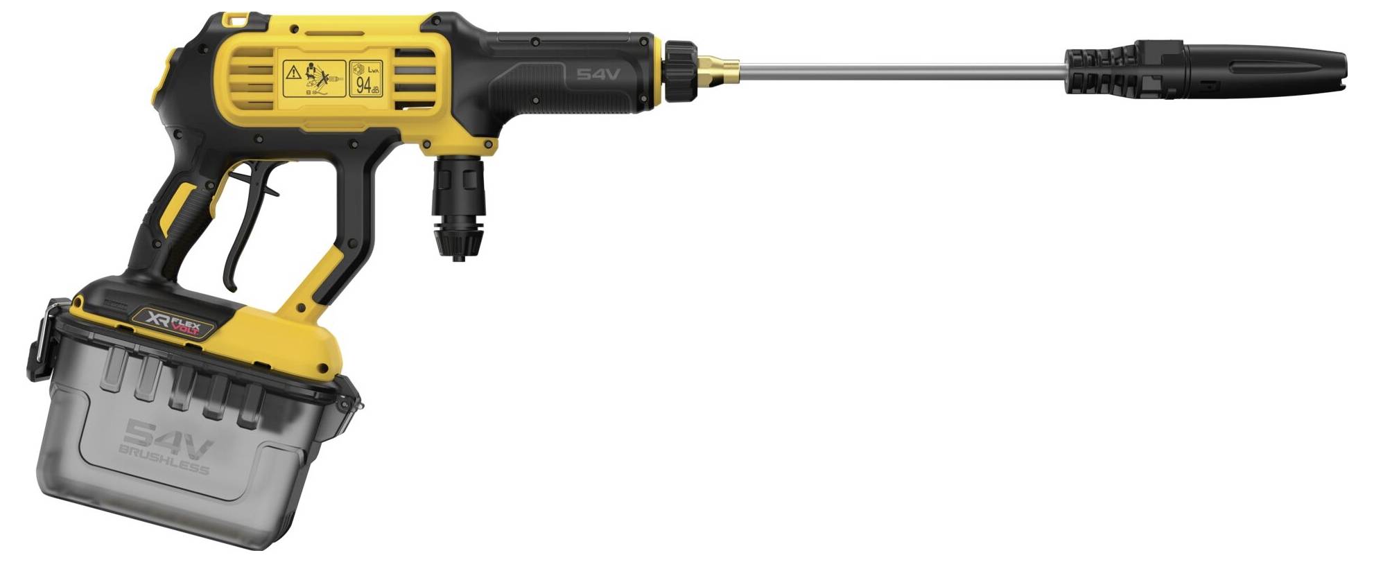 Ein gelb-schwarzes Elektrowerkzeug mit einer langen Düsenaufsatz und einer transparenten Kartusche an der Basis. Für industrielle Verwendung konzipiert.