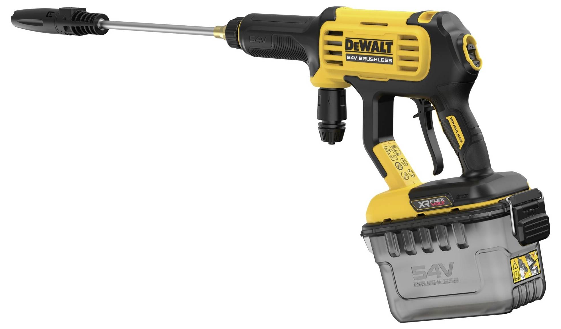 Ein gelber und schwarzer kabelloser Hochdruckreiniger mit durchsichtigem Wassertank und Düsenaufsatz, gekennzeichnet mit „DeWalt XR Flexvolt 54V