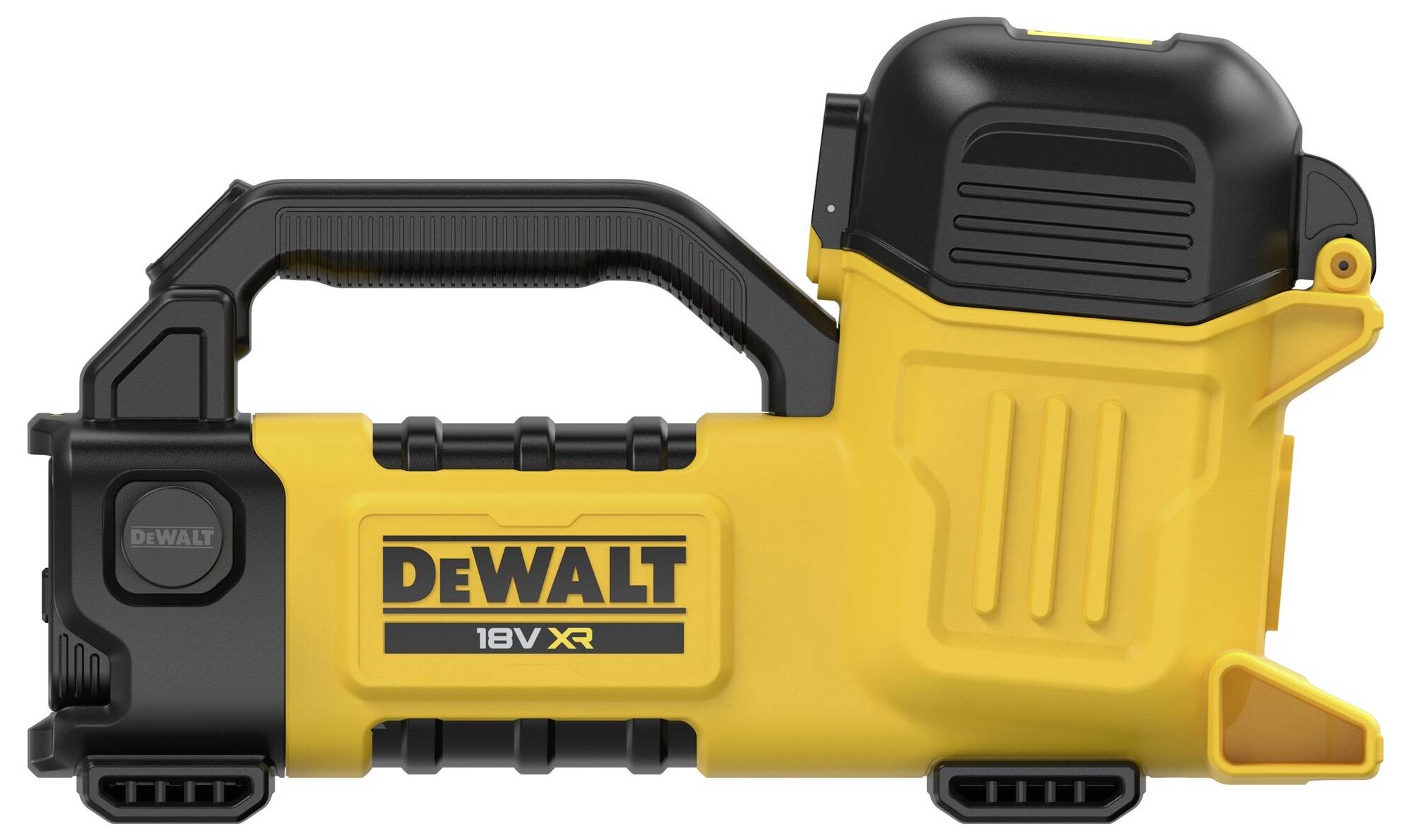Ein gelb-schwarzes Dewalt 18V XR Elektrowerkzeug mit kompaktem Design, ausgestattet mit einem Griff. Das Werkzeug ist fokussiert und isoliert.