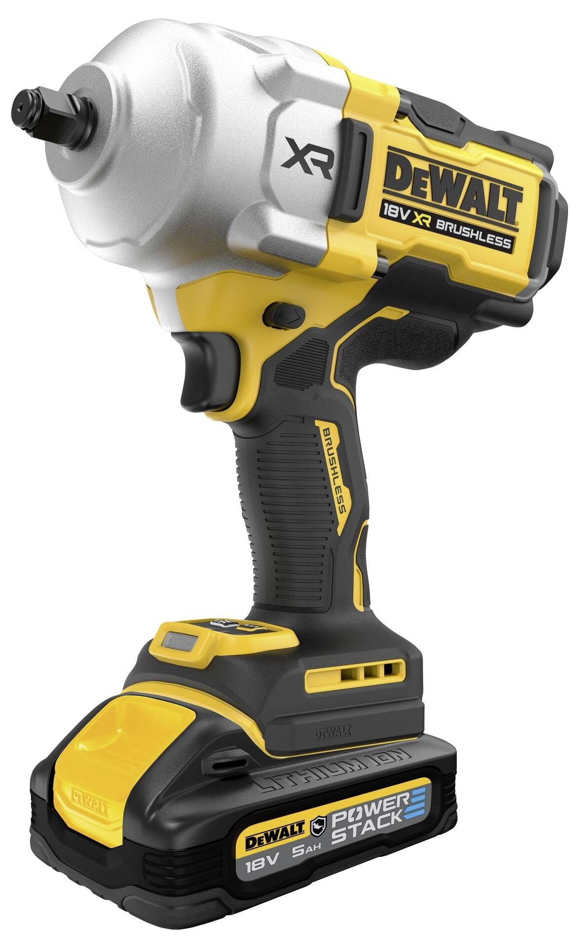 Ein gelber und schwarzer Dewalt 18V XR bürstenloser Schlagschrauber mit Power Stack-Batterie, mit ergonomischem Design und Branding.
