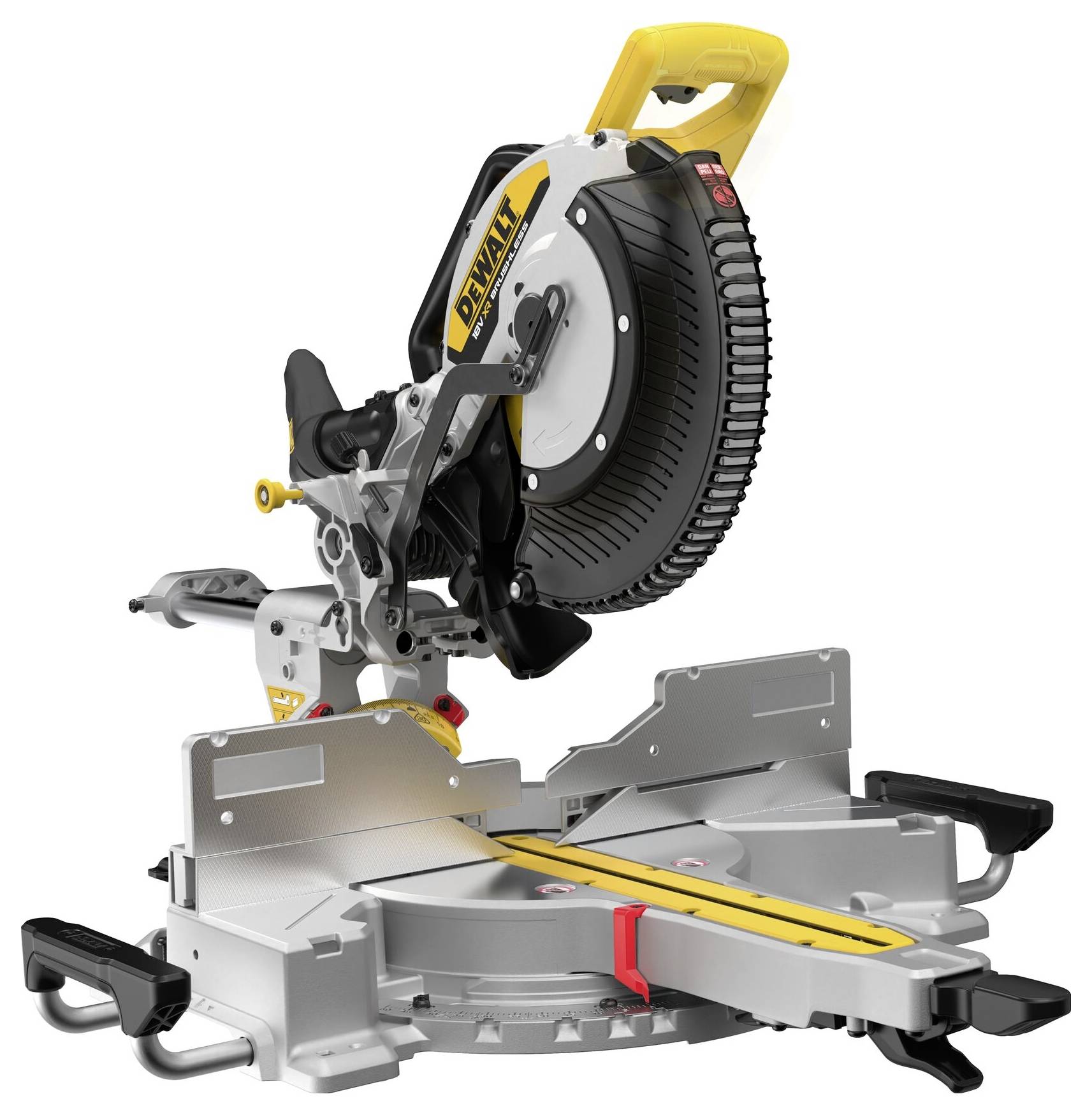 Eine silber- und gelbe Kapp- und Gehrungssäge mit rundem Sägeblatt, die Winkelverstellungen und einen Griff zeigt und für präzises Schneiden bei der Holzbearbeitung verwendet wird.