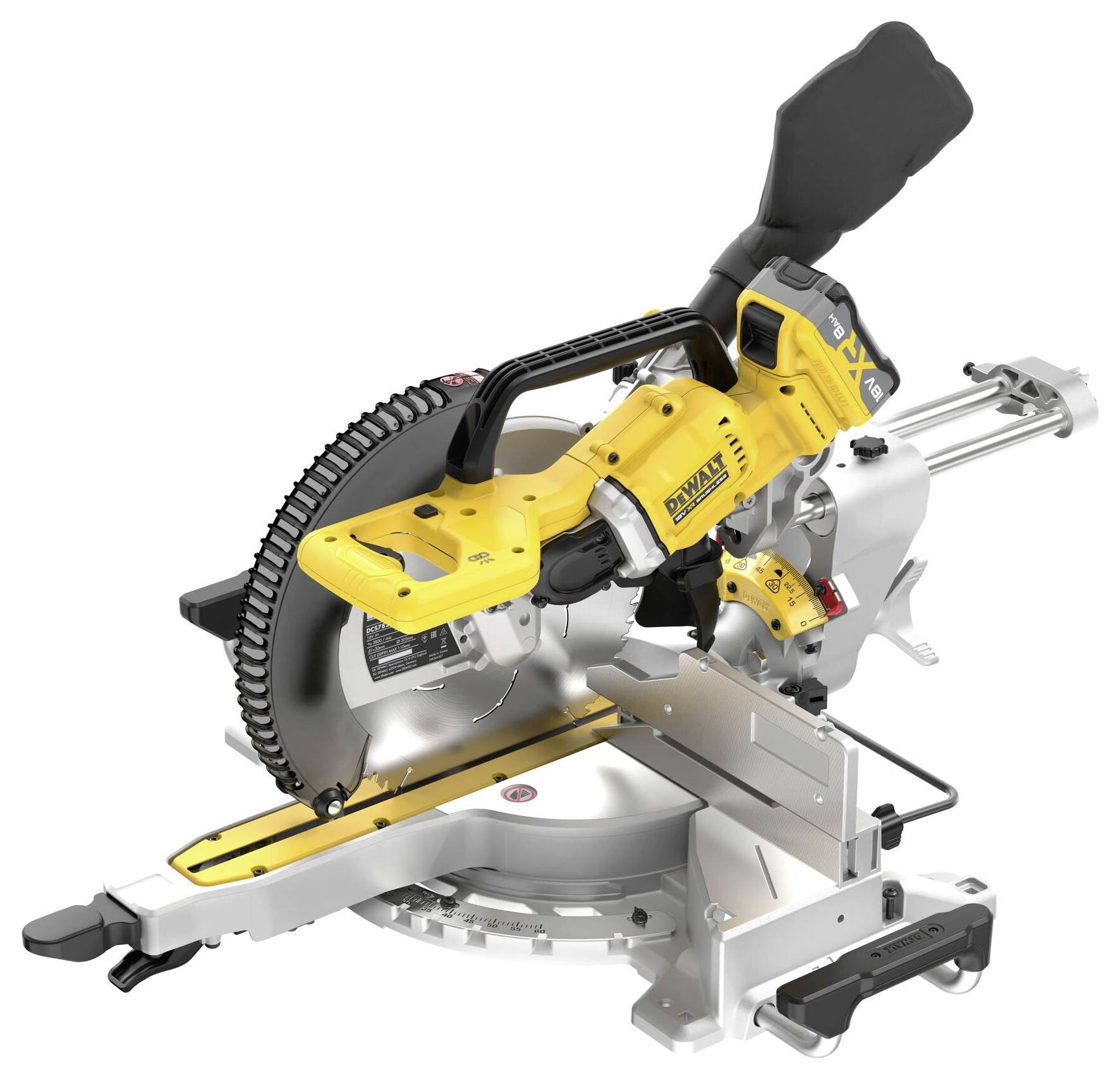 Eine gelb-silberne Verbundgehrungssäge zum präzisen Holzschneiden mit schwarzem Griff und verstellbarer Metallbasis.