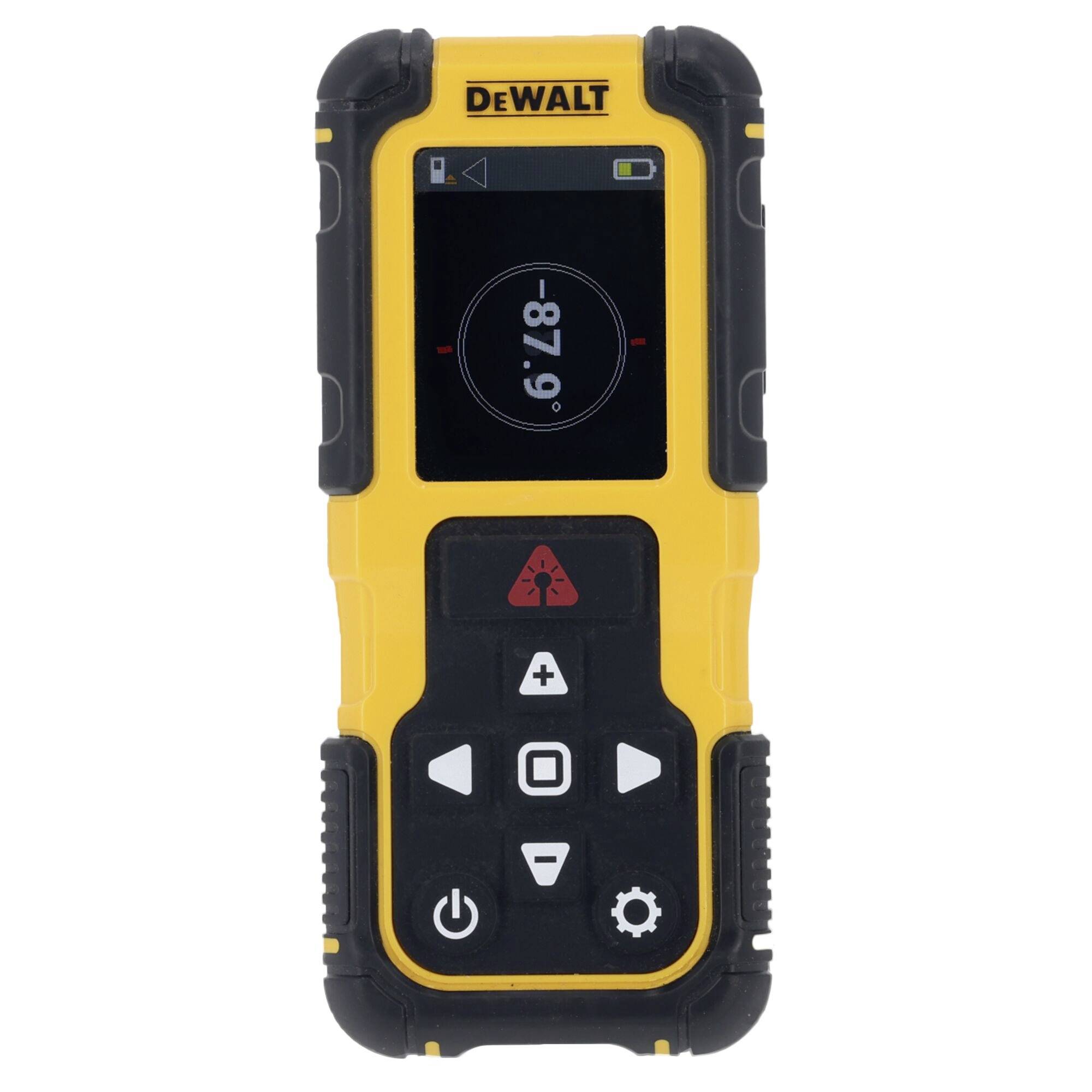 Ein gelber und schwarzer DeWalt-Laser-Entfernungsmesser zeigt auf seinem Bildschirm 