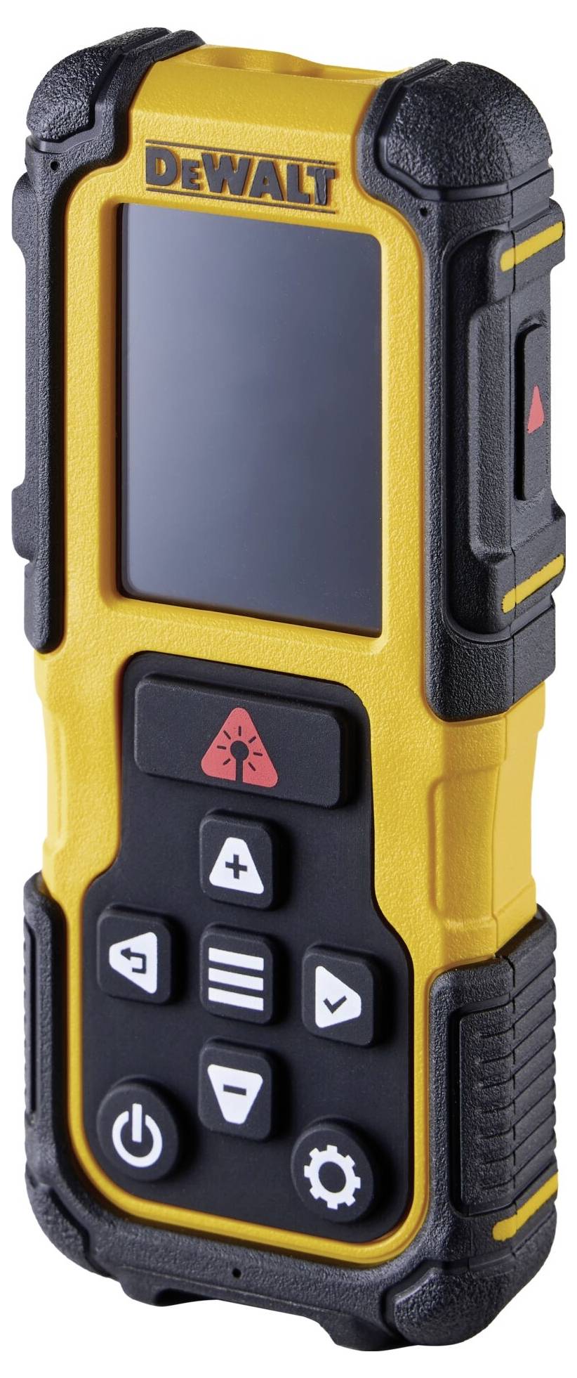 Zwei gelbe DEWALT-Batterien in einem schwarzen Ladegerät, positioniert im Freien auf einer Grasfläche mit verstreuten Blättern.