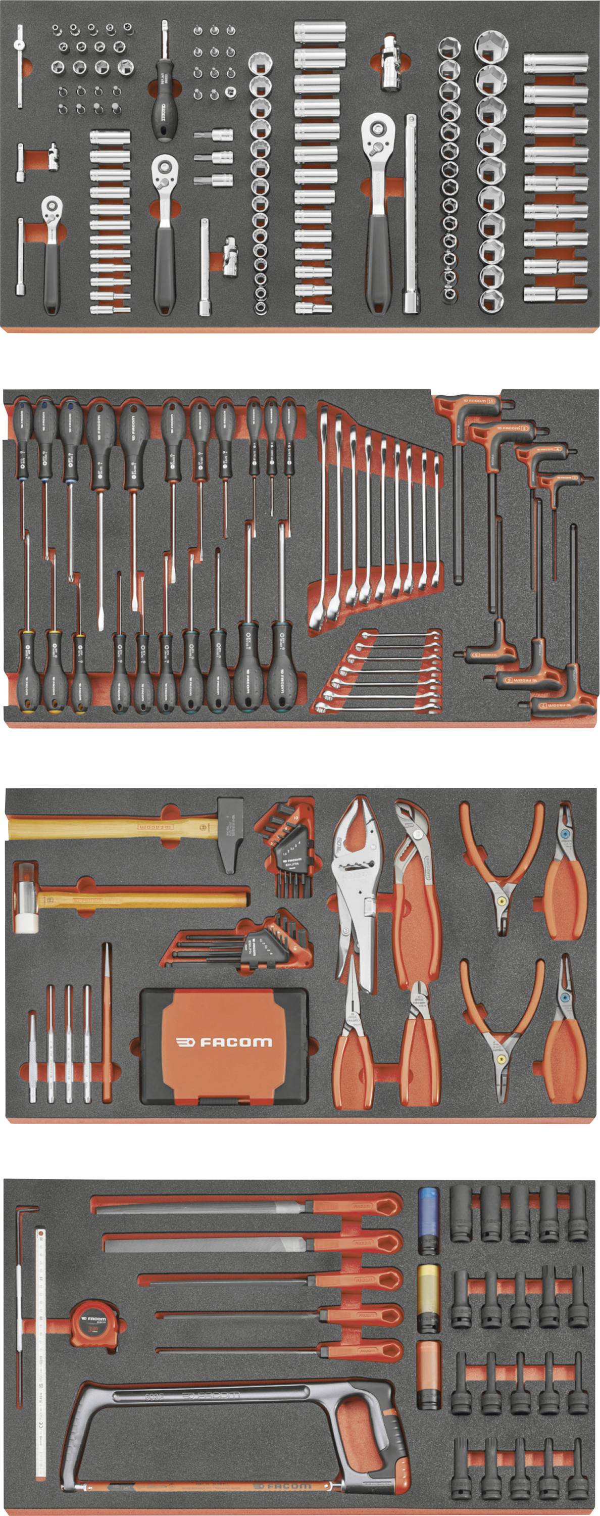 Vier gestapelte Panels, die einen leuchtend orangefarbenen und schwarzen Werkzeugsatz zeigen, der auf einem dunklen Hintergrund angeordnet ist und Schraubenschlüssel, Steckschlüssel, Schraubendreher, Zangen, Hämmer, eine Säge und Koffer umfasst.