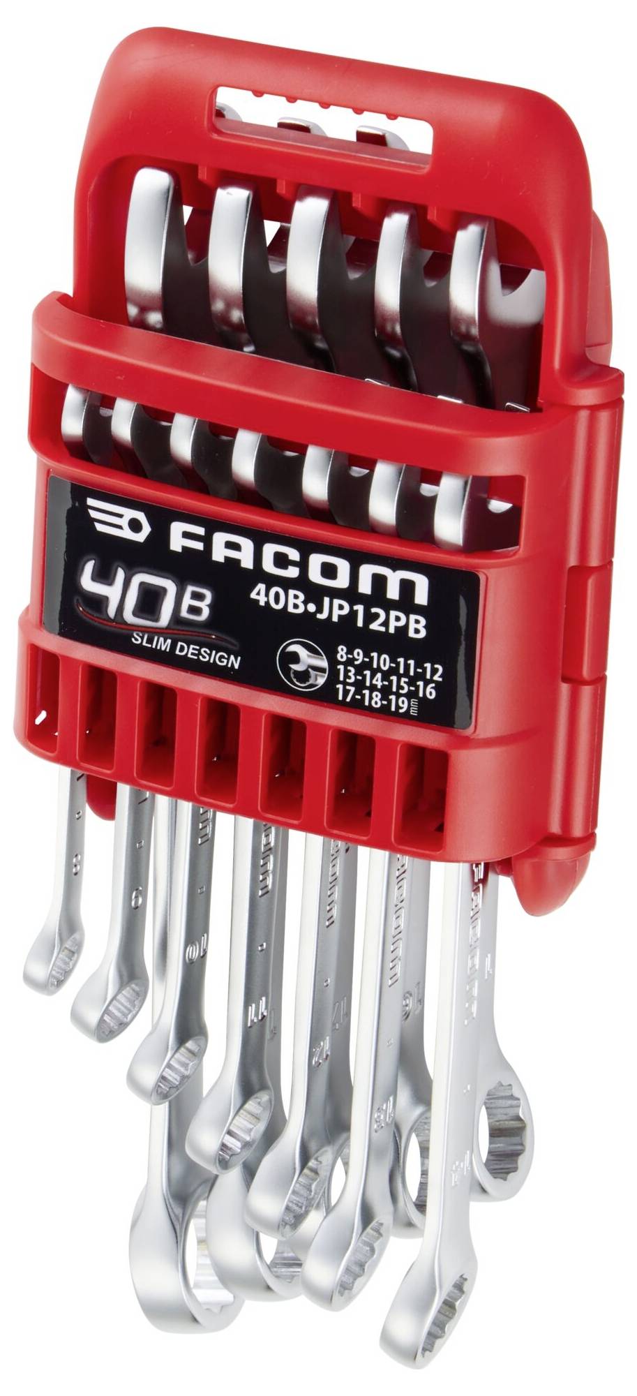 Ein Schlitzschraubendreher mit schwarzem Griff und roten Akzenten, mit der Marke „FACOM