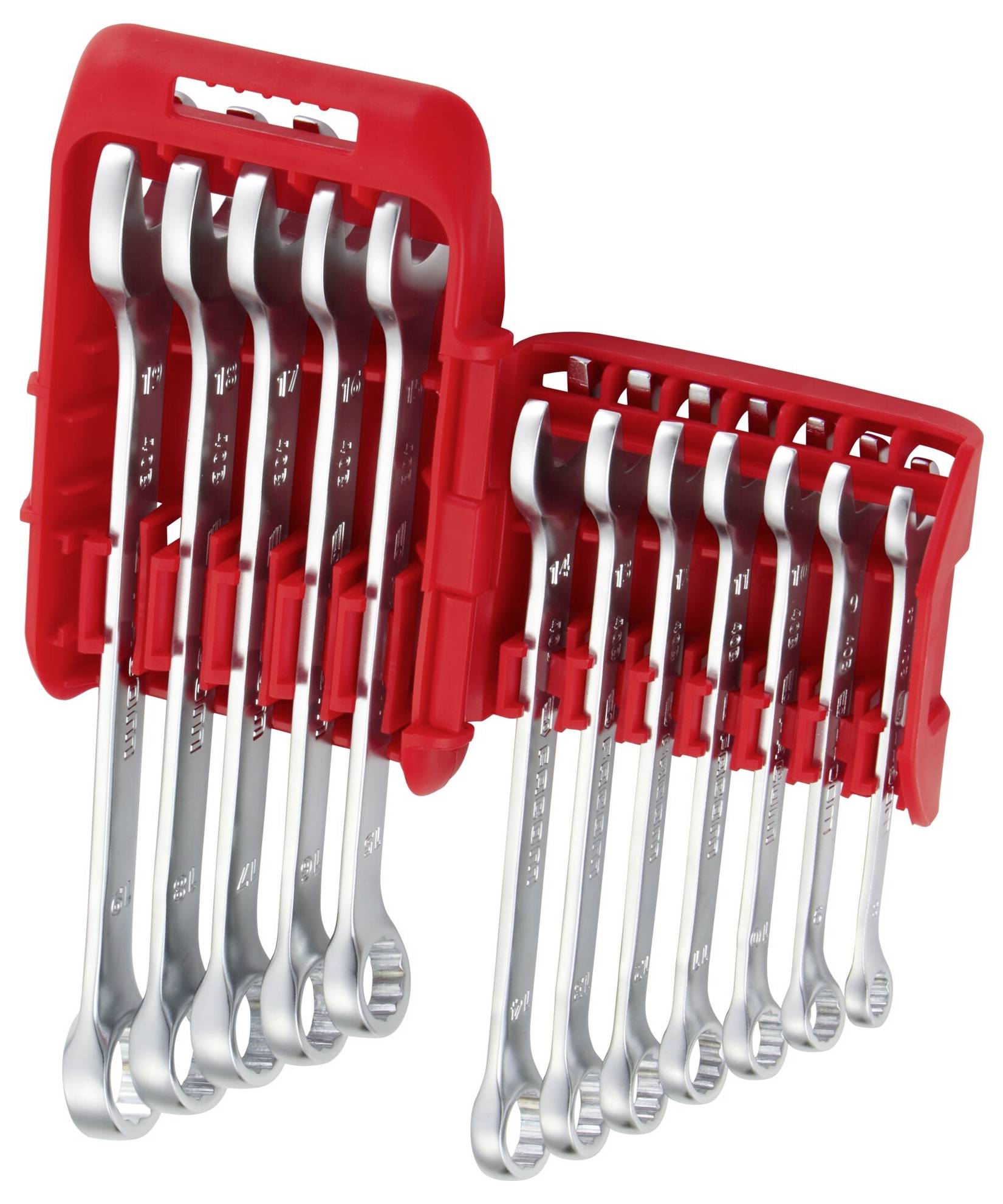 Ein Satz von zwölf silbernen Schraubenschlüsseln in einem roten Kunststoffhalter, organisiert nach Größe, zum Anziehen oder Lockern von Muttern und Bolzen.
