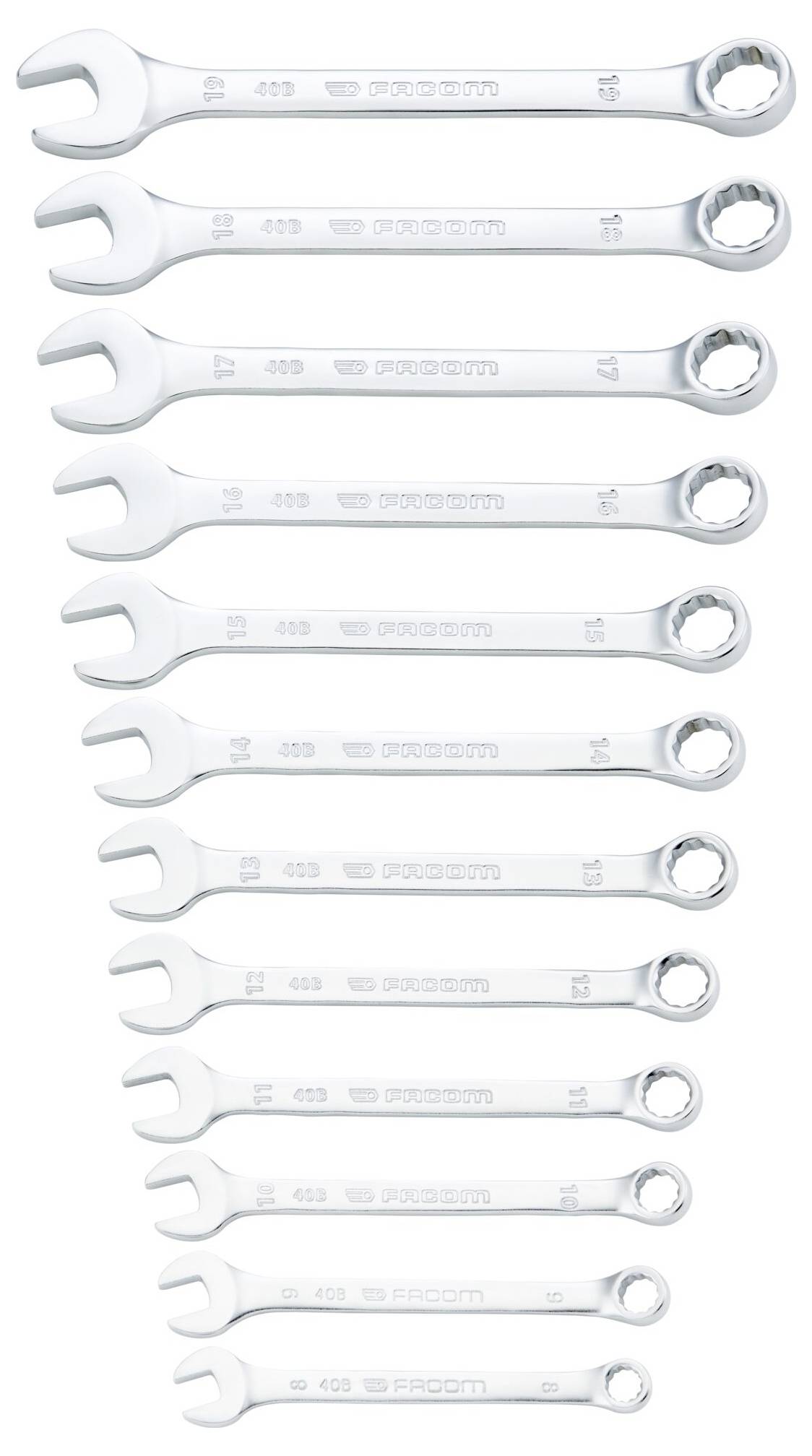 Ein Satz von zwölf silbernen offenen Schraubenschlüsseln, der Größe nach absteigend von oben nach unten angeordnet, zum Anziehen oder Lösen von Muttern und Bolzen verwendet.