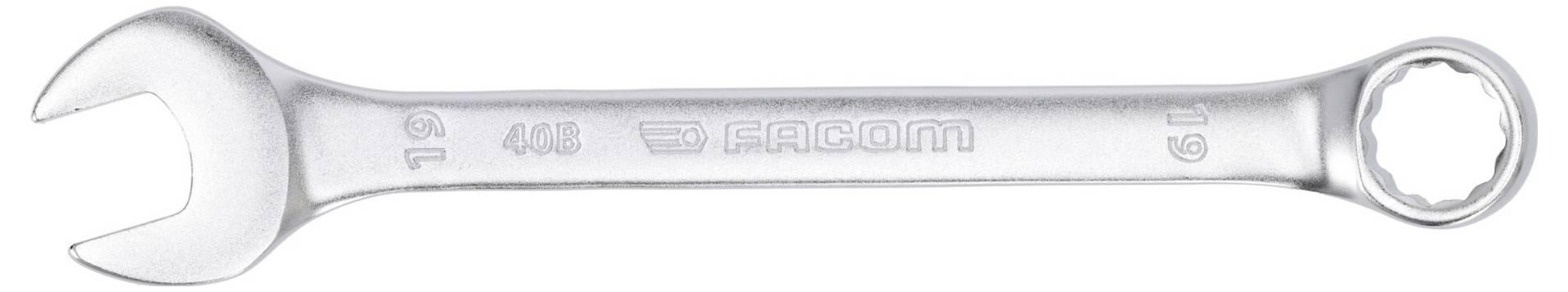 Ein silberner Kombischlüssel mit offener und Ringseite, mit der Aufschrift „FACOM