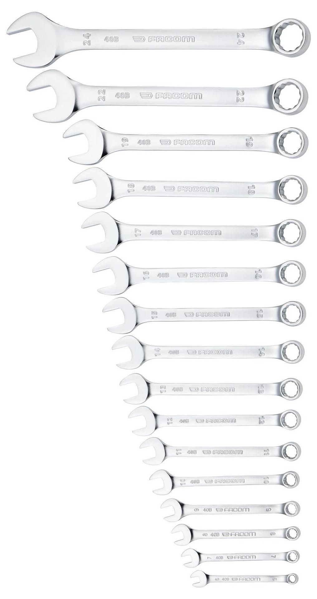 Ein Satz von 16 Metallschlüsseln, die diagonal angeordnet sind und von oben nach unten an Größe zunehmen, verwendet zum Anziehen oder Lockern von Bolzen.