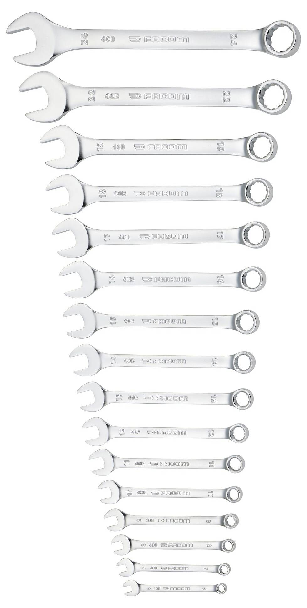 Ein Satz von 14 Kombinationszangenschlüsseln, von groß bis klein, vertikal angeordnet. Jeder Schlüssel hat ein offenes Ende und ein Ringaugen-Ende.