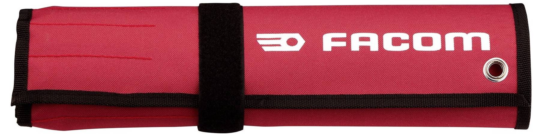 Ein roter Kunststoffkoffer mit einem Satz von zwölf vernickelten Ringschlüsseln, organisiert nach Größe von klein bis groß.