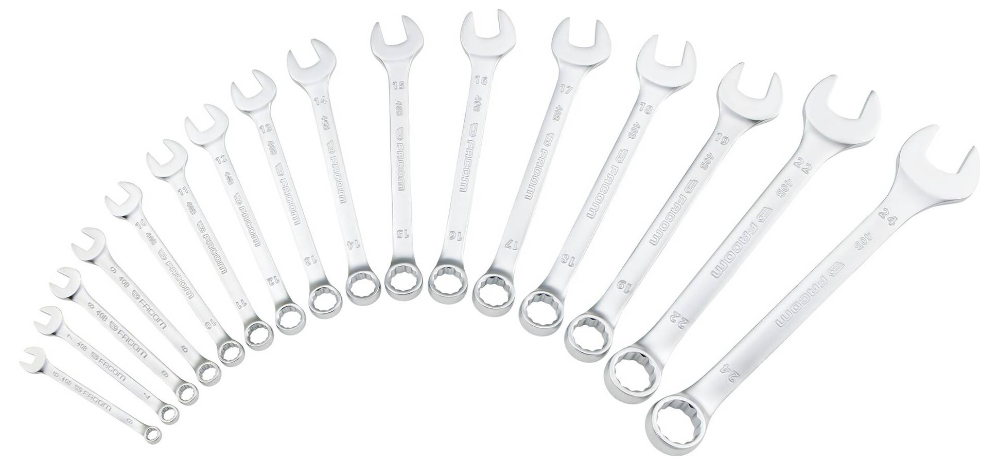 Ein Satz von 14 offenen Schraubenschlüsseln, angeordnet vom kleinsten zum größten, zeigt unterschiedliche Größen für verschiedene Schrauben- und Mutternmessungen.