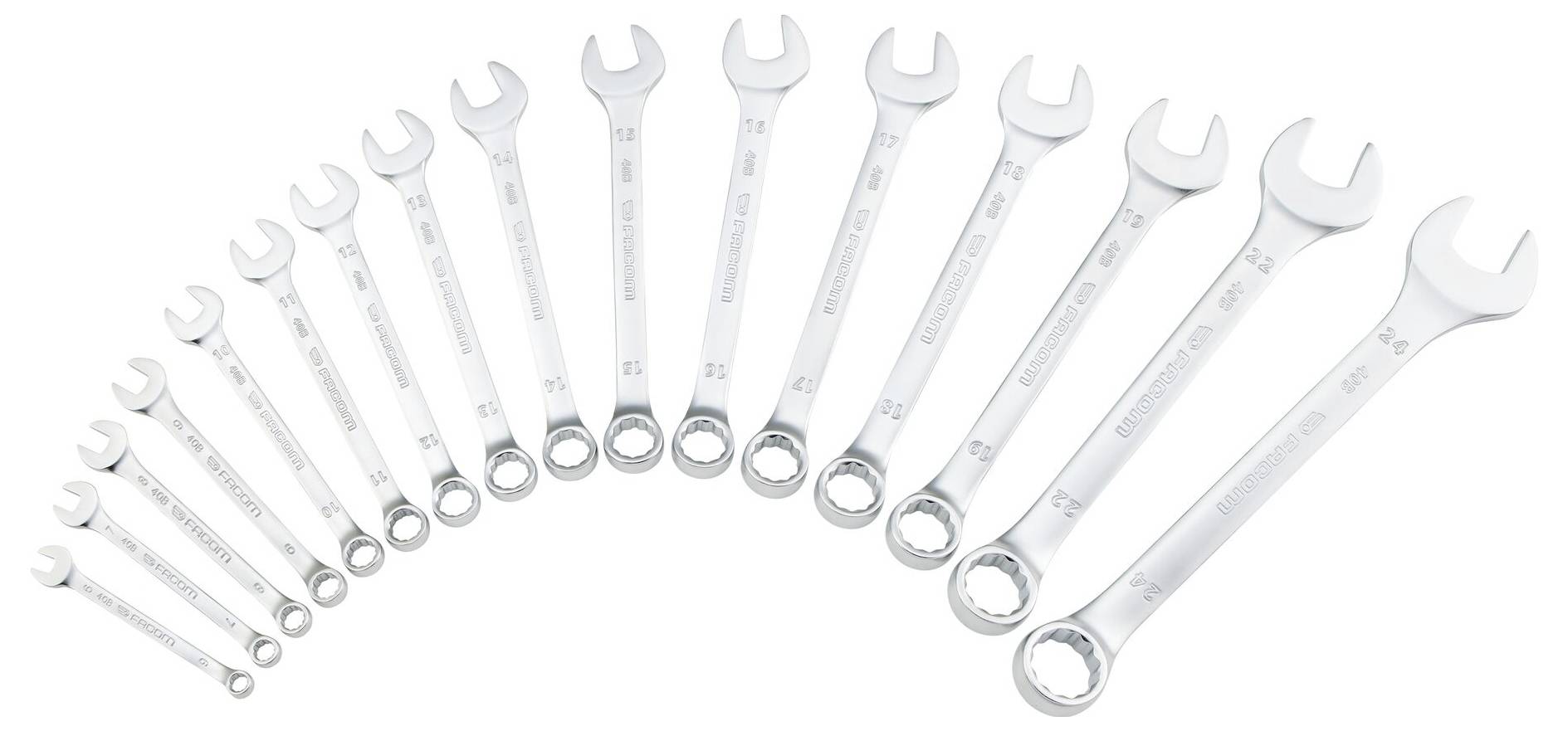 Ein Satz von 14 offenen Ringschlüsseln in verschiedenen Größen, von klein bis groß, in einer Reihe angeordnet, was die allmähliche Größenzunahme hervorhebt.