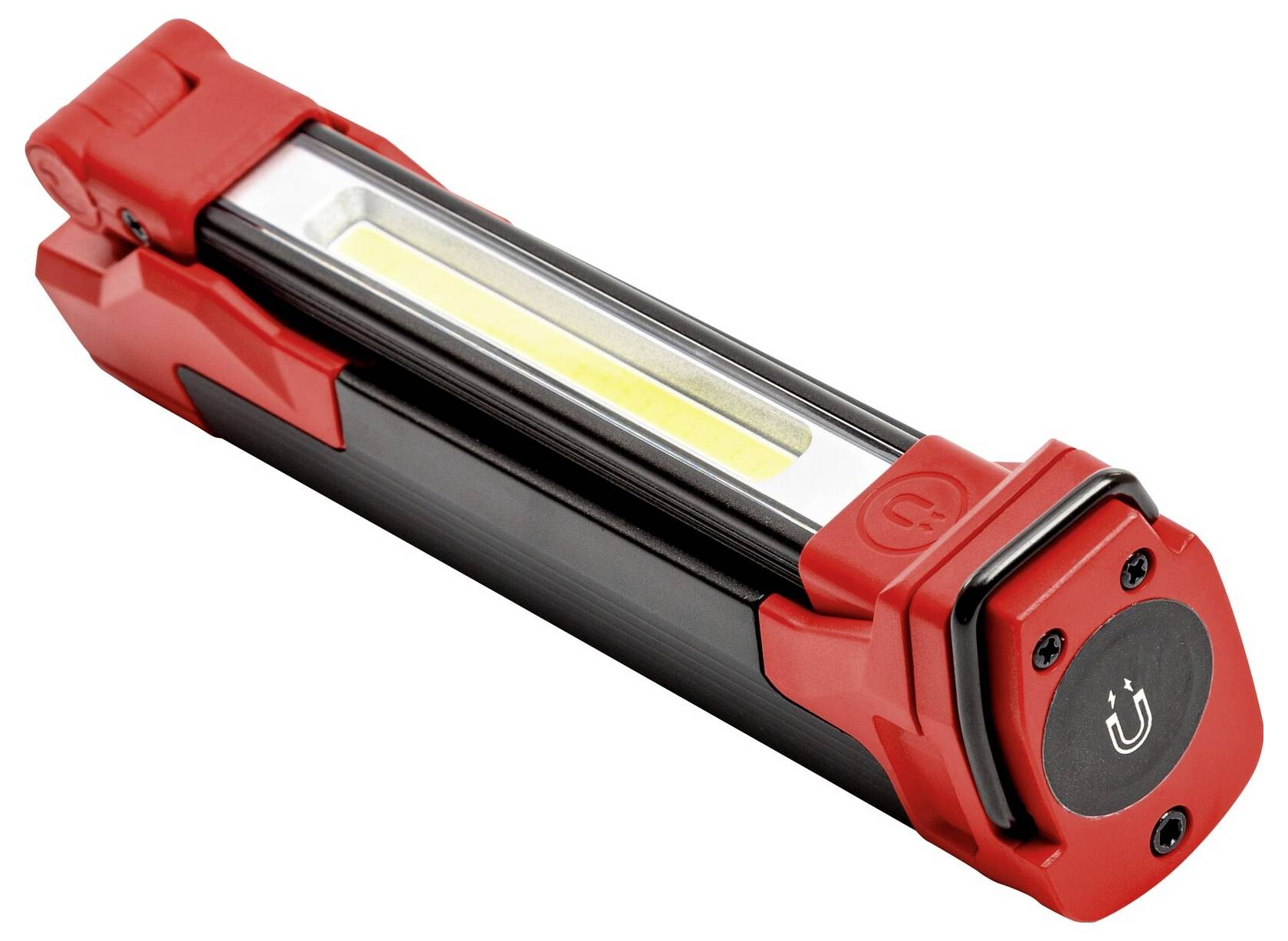 Ein rotes und schwarzes tragbares LED-Arbeitslicht mit einer Einschalttaste an einem Ende. Das Licht wirkt kompakt und eignet sich zum Transportieren.