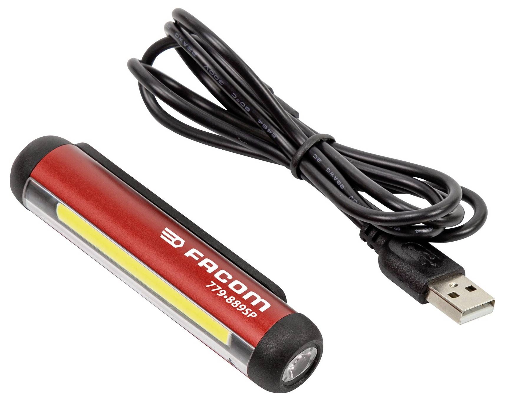 Ein rotes und schwarzes FACOM LED-Arbeitslicht mit der Modellnummer '779.SP5', abgebildet neben seinem USB-Ladekabel.