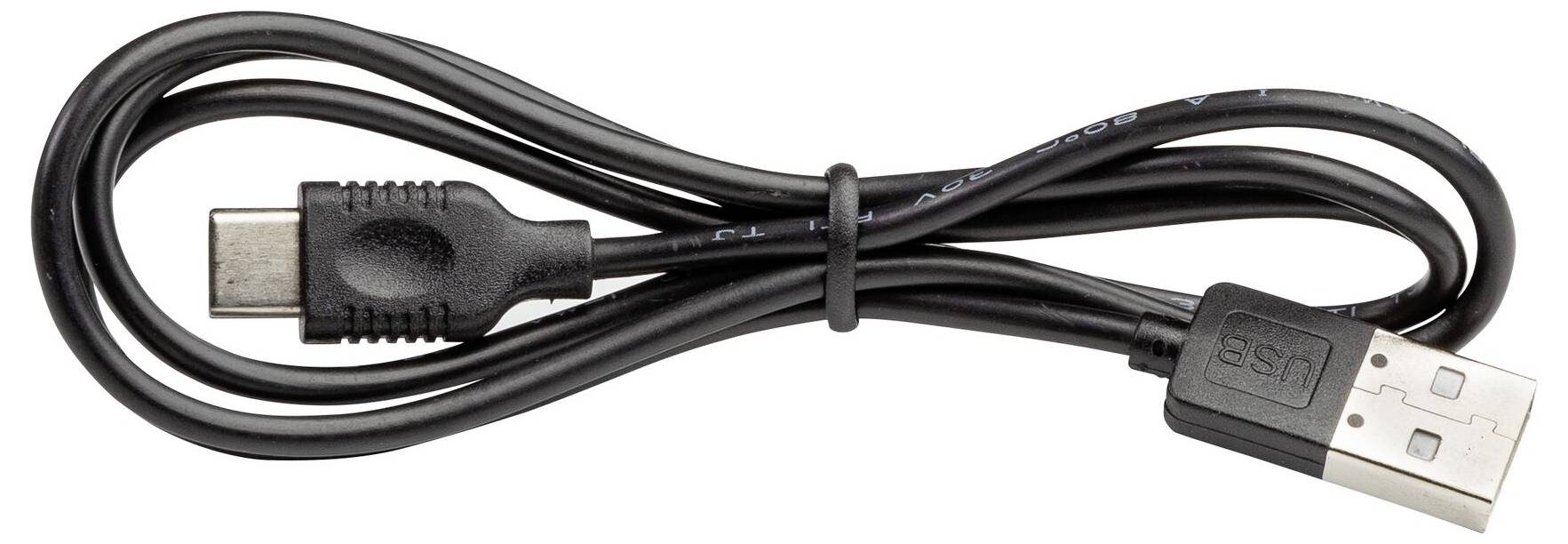 Ein schwarzes USB-C-zu-USB-A-Kabel, in einer Schleife aufgewickelt, wobei beide Anschlüsse deutlich sichtbar sind.