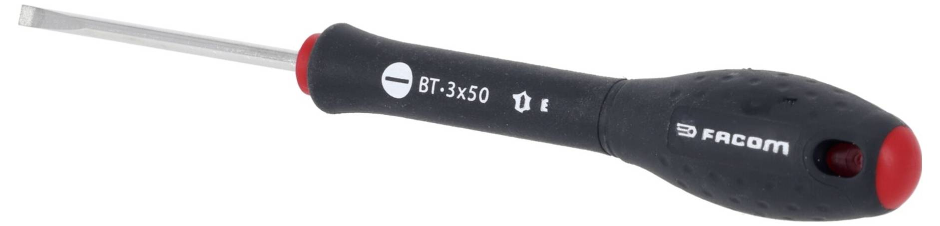 Ein Schlitzschraubendreher mit schwarzem Griff und rotem Akzent, mit der Marke 