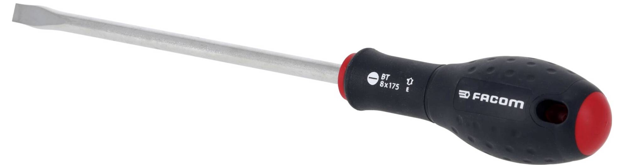 Ein Schlitzschraubendreher mit flachem Kopf, schwarzem und rotem Griff und dem Markenzeichen 