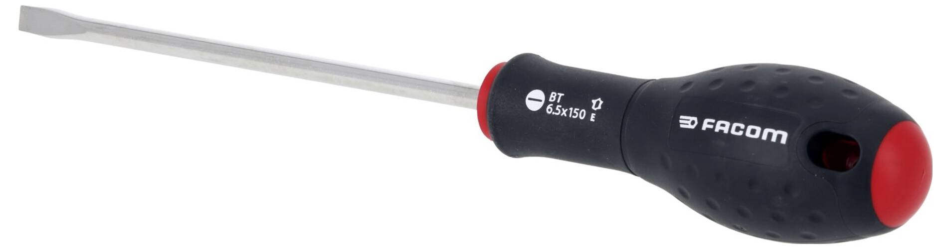 Ein Schlitzschraubendreher mit schwarzem Griff, roten Akzenten und dem Markennamen „Facom