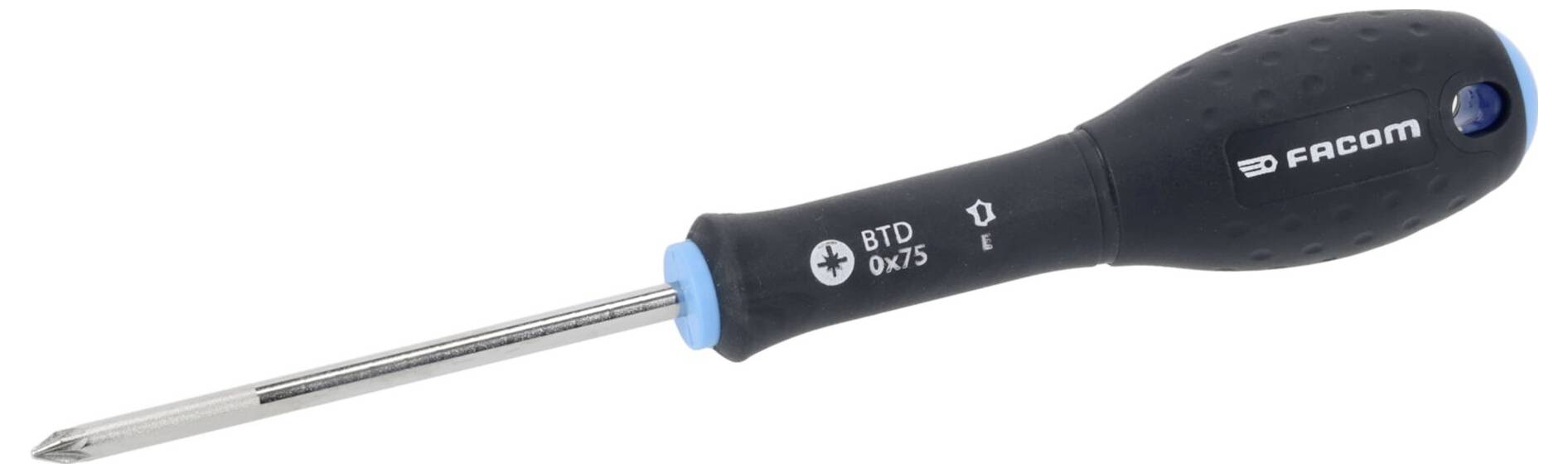 Ein schwarzer und silberner Schraubendreher mit ergonomischem Gummigriff. Der Griff zeigt den Markennamen 