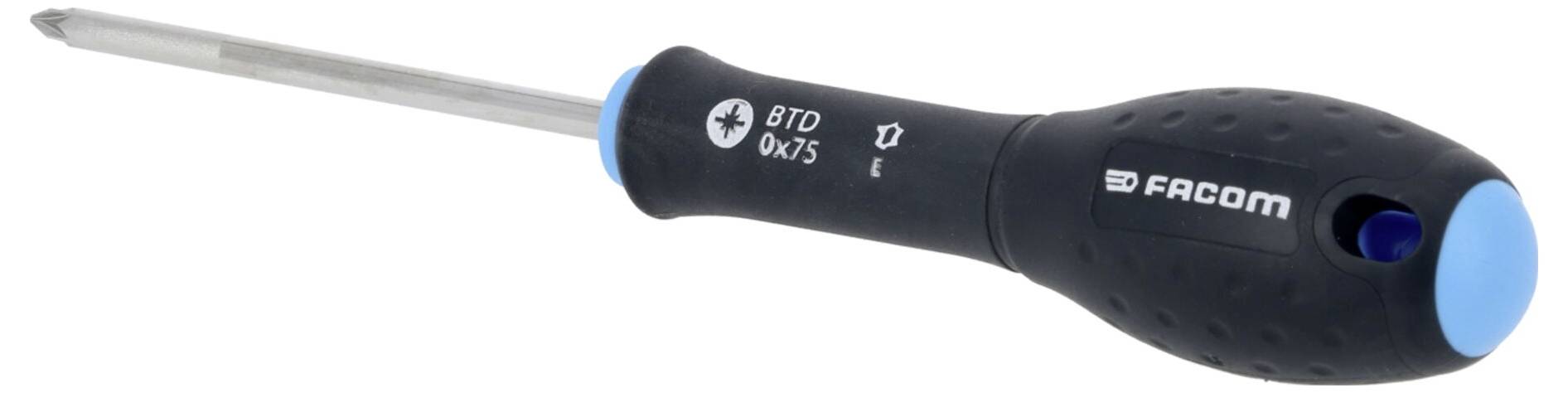 Ein schwarzer und blauer Schraubendreher mit strukturiertem Griff und flacher Spitze wird gezeigt, mit der Marke „FACOM