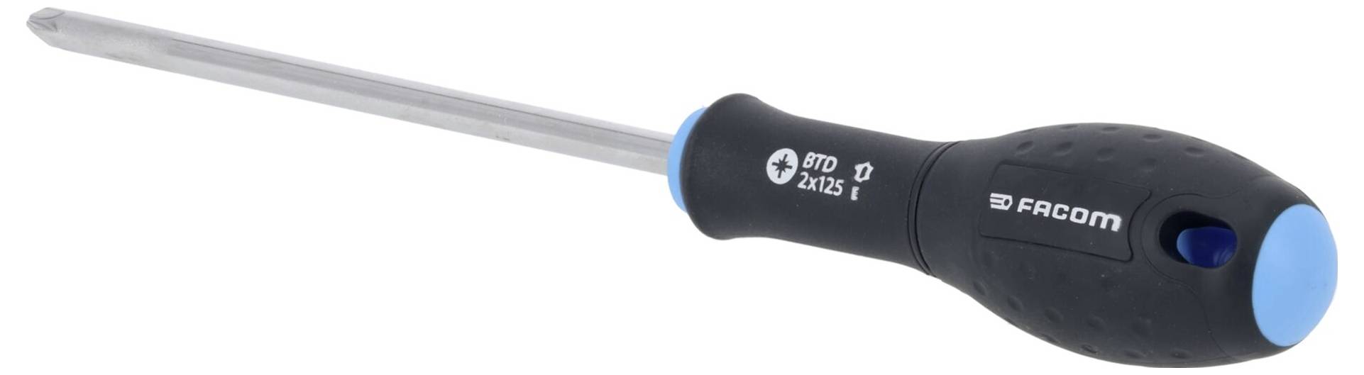 Ein Kreuzschlitzschraubendreher mit schwarzem Griff, blauem Akzent und „FACOM