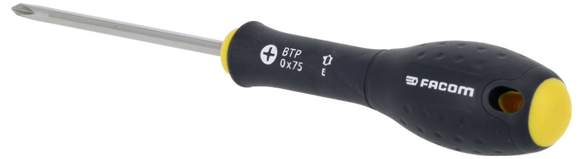 Ein schwarzer und gelber Philips-Schraubendreher von Philips mit strukturiertem Griff, gekennzeichnet mit 