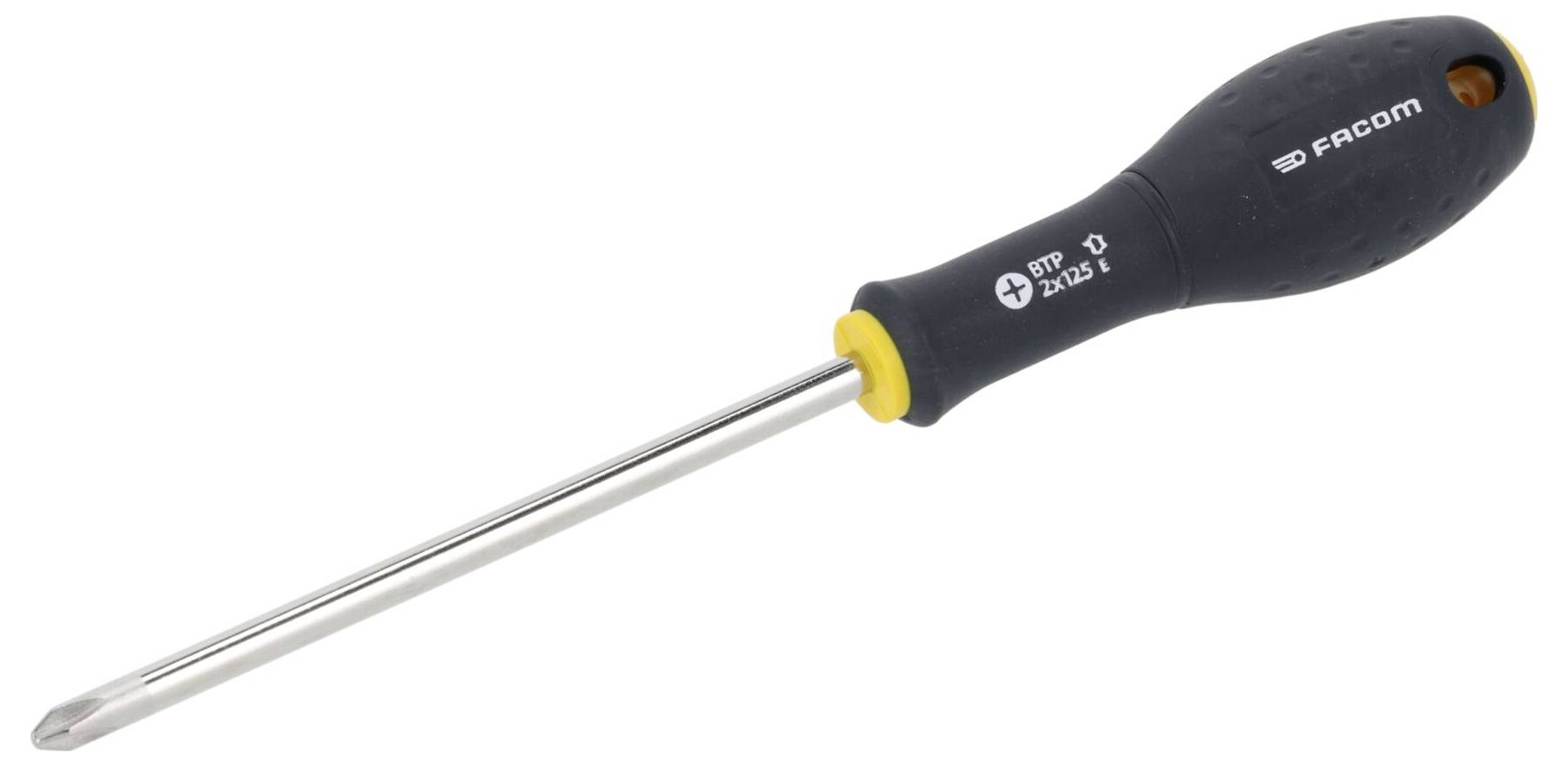 Ein Kreuzschlitz-Schraubendreher mit schwarzem und gelbem Griff und metallischer Spitze, beschriftet mit „FACOM
