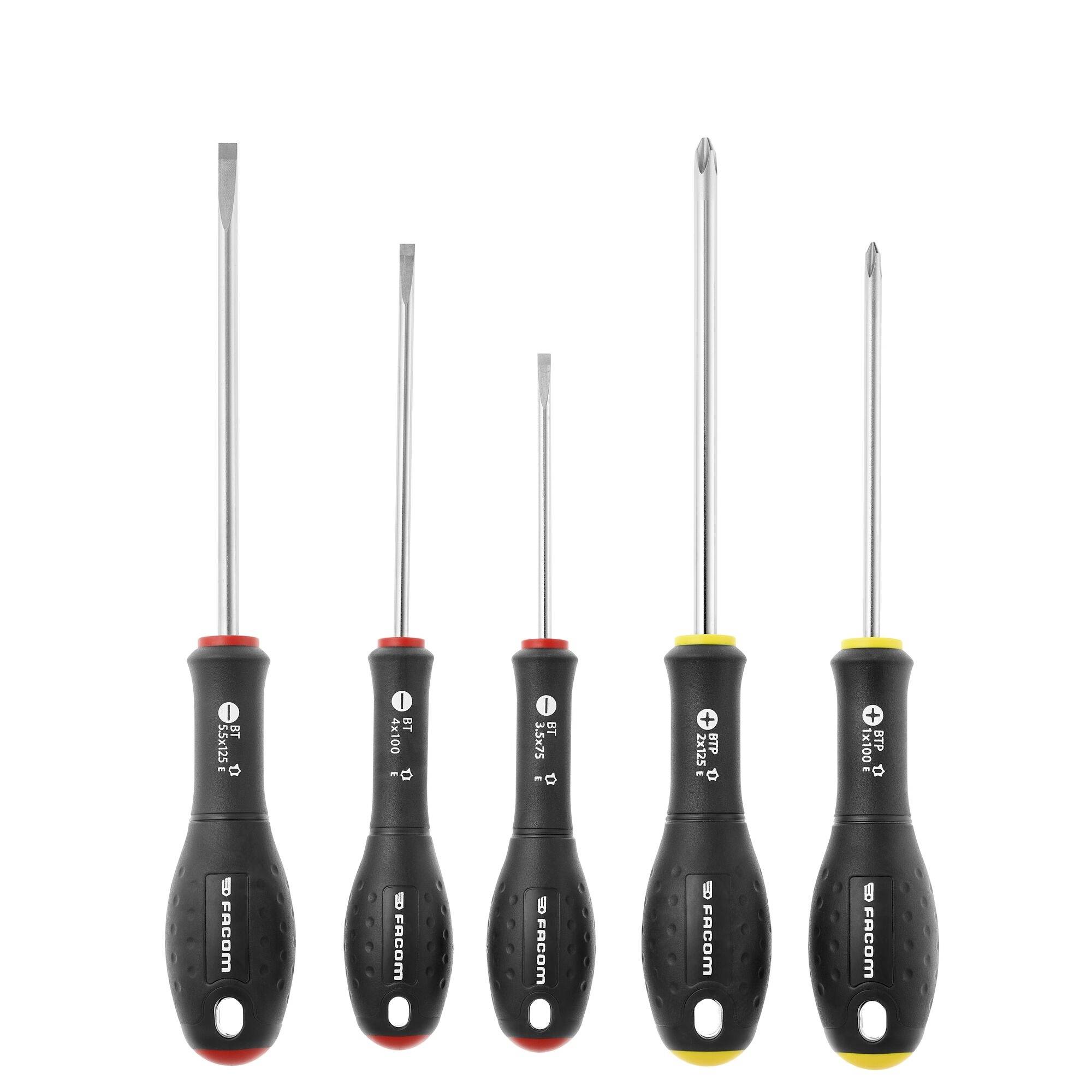 Ein Satz von fünf Schraubendrehern mit schwarzen Griffen, jeder mit unterschiedlichen Größen und Spitzen, aufrecht in einer Reihe auf weißem Hintergrund angeordnet.