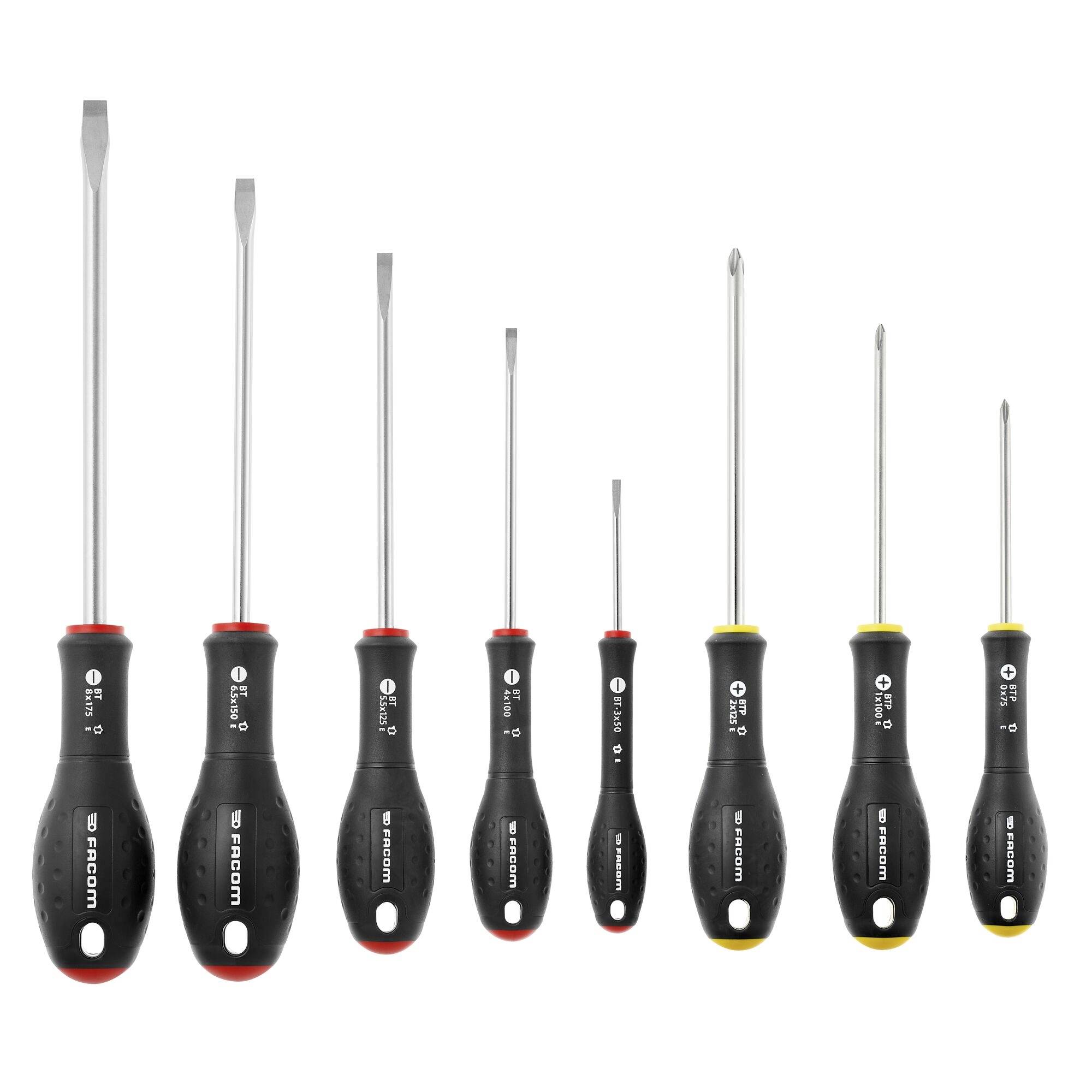 Ein Satz aus acht Schraubendrehern in verschiedenen Größen mit schwarzen Griffen, jeder mit seiner Typ-Bezeichnung versehen. Die Köpfe variieren zwischen Schlitz- und Kreuzschlitz.
