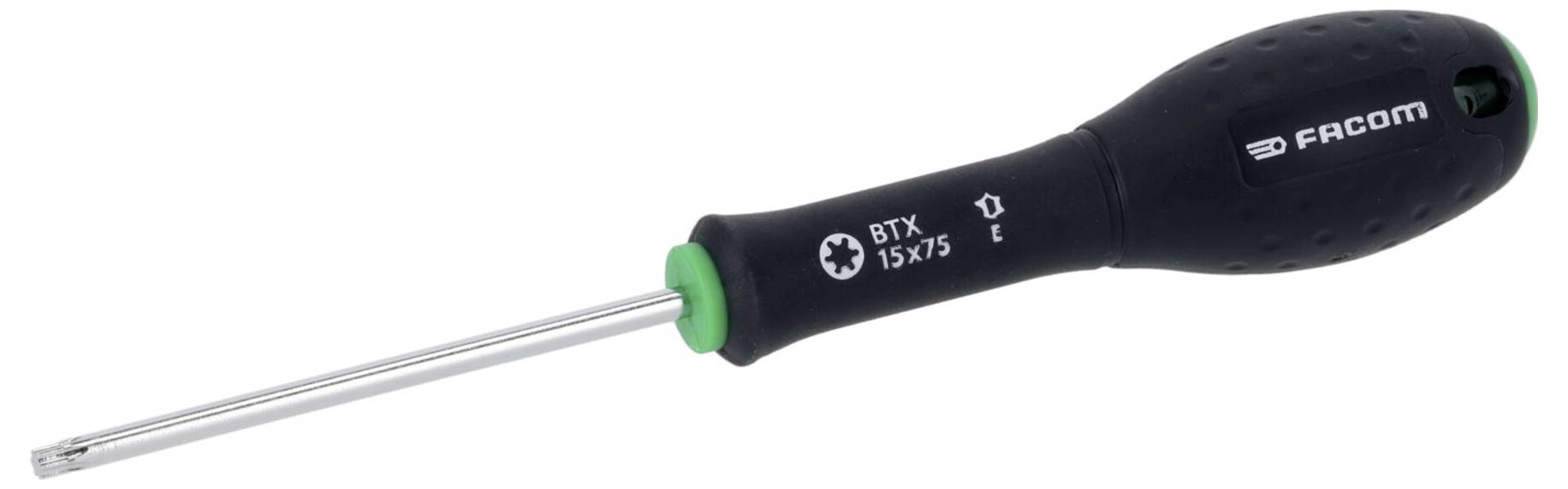 Ein Schraubendreher mit schwarzem Griff, Torx-Kopf und sichtbaren Markierungen, bezeichnet mit „Facom BTX 15x125