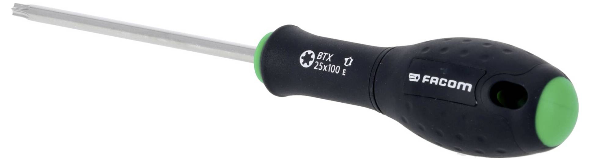 Ein schwarz-grüner Schraubendreher mit strukturiertem Griff, mit einem Flachkopf und dem Markennamen „Facom