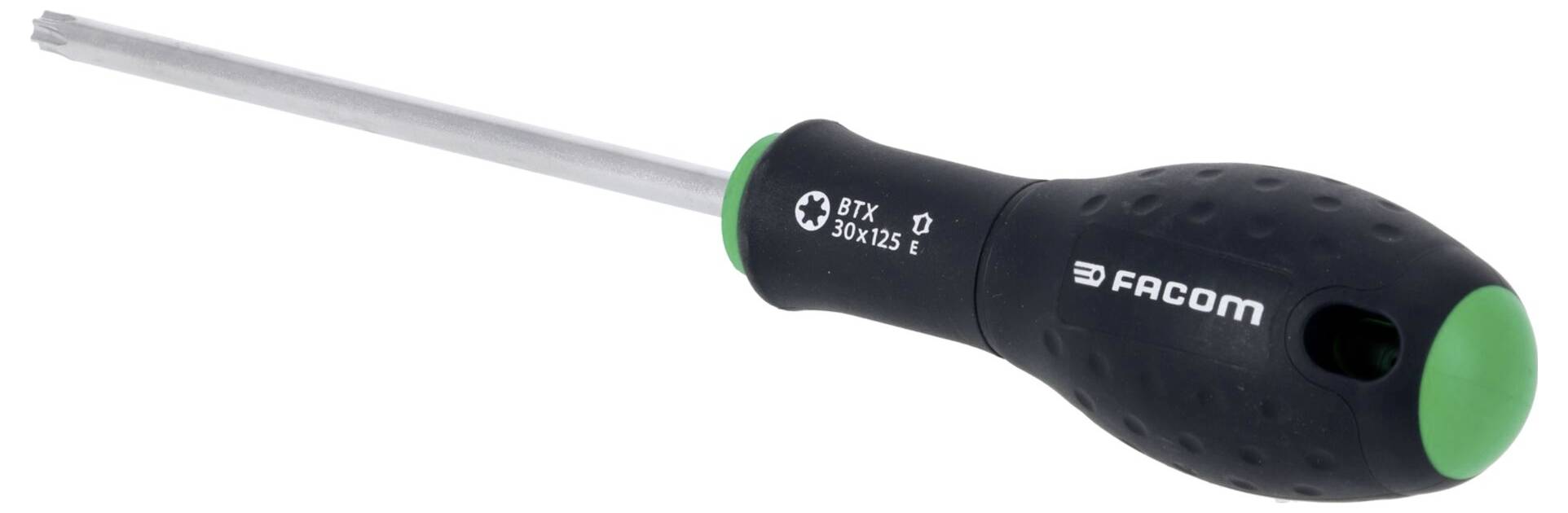 Ein sternförmiger Schraubenzieher mit schwarzem und grünem Griff, gekennzeichnet mit „Fracom