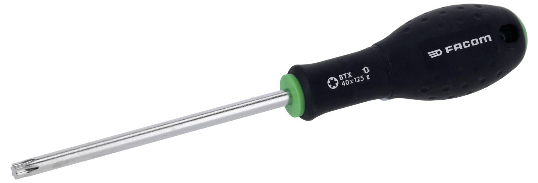 Ein Torx-Schraubendreher mit schwarzem Griff und grünen Akzenten, gekennzeichnet mit 'Facom'.